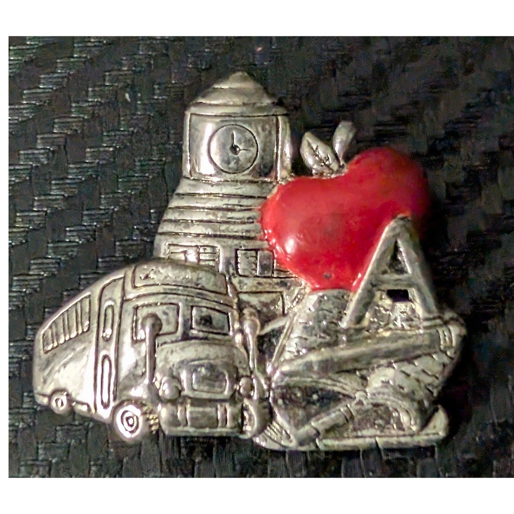 Vintage Silver Red Brooch School Bus Teacher Apple Clock Tower Book Pin